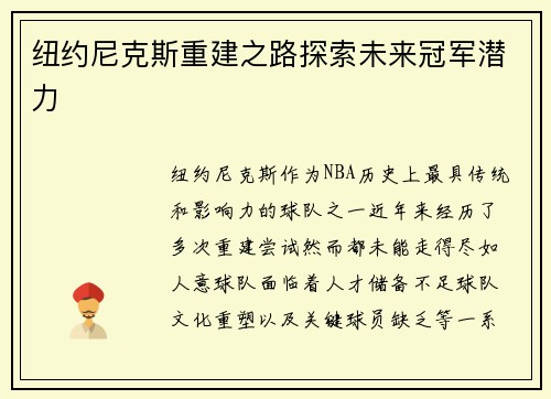 纽约尼克斯重建之路探索未来冠军潜力